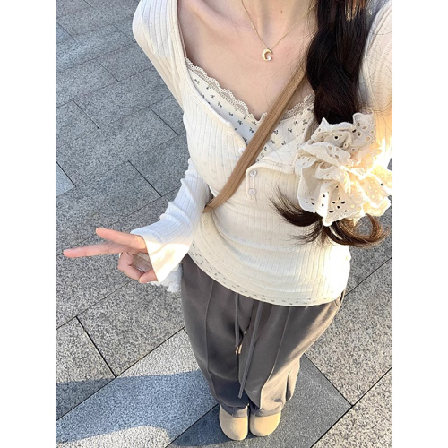 White lace floral inner bottoming sweater autumn and winter slim fake two-piece long-sleeved T-shirt women's top