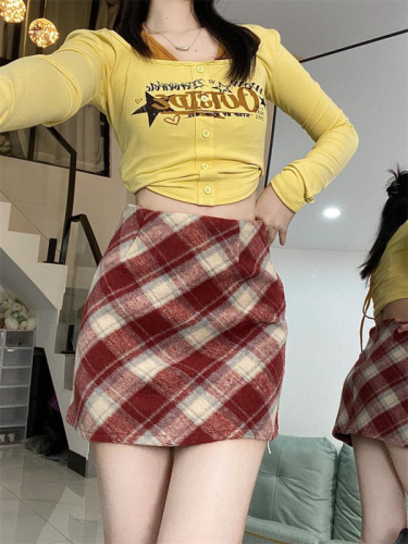 Christmas mini skirt zi/large size woolen plaid skirt women's new autumn and winter versatile hip-covering A-line skirt