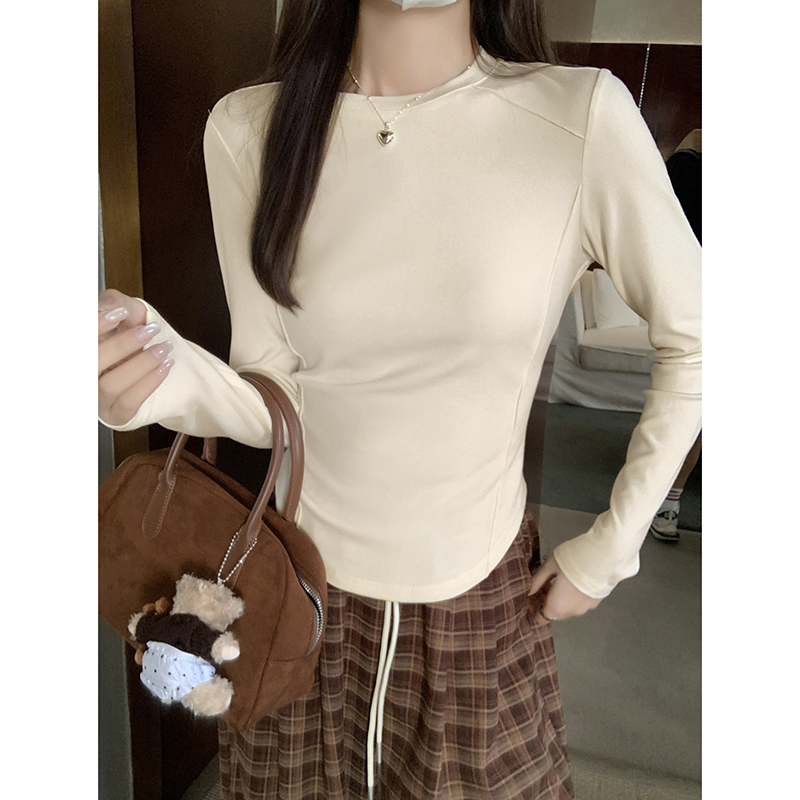 Women's Autumn/Winter Crew Neck Fleece Base Layer Top with Fishbone Waist Cinching Design - Short-Sleeve Outerwear