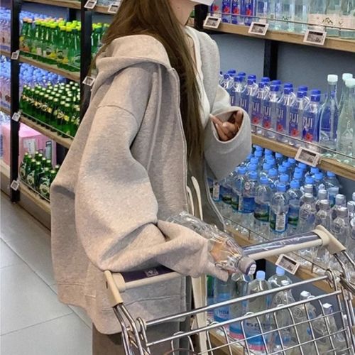 Plush thickened large size hooded sweatshirt for women, lazy style autumn and winter casual loose oversize top cardigan jacket