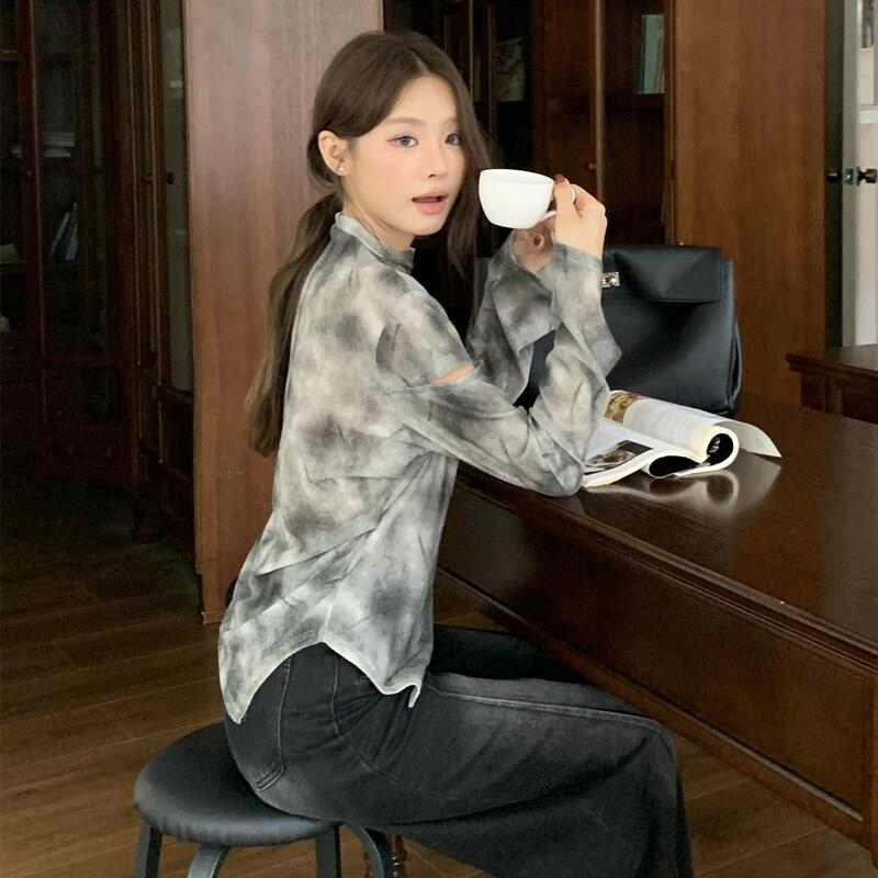 Thousand pieces ~ Irregular long-sleeved T-shirt for women 2024 autumn large size hollow waist slimming pure lust style top