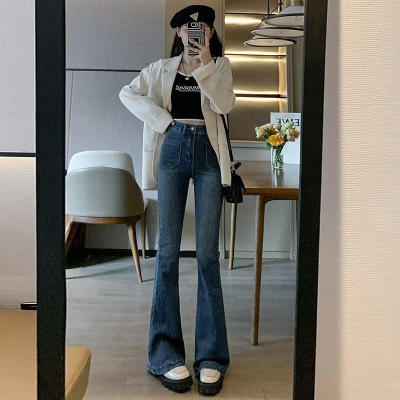 Jeans women's straight-leg loose spring new high-waisted slimming wide-leg floor-length pants for small people