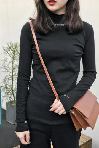 180g double grind autumn and winter half turtleneck bottoming shirt for women slim embroidered solid color long-sleeved T-shirt for students