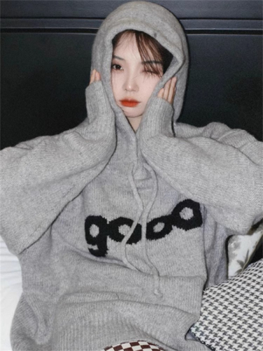 Japanese retro gentle style hooded sweater top for women early autumn outer wear lazy high-end soft waxy sweater jacket