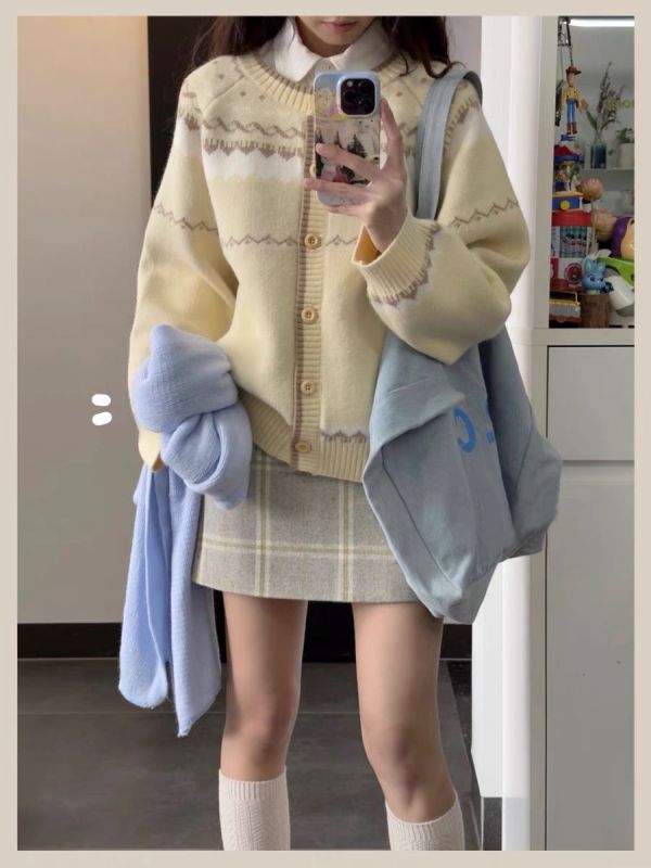 Gentle wind milk fufu Fair Isle soft waxy sweater for women spring and autumn new knitted cardigan Korean style top jacket