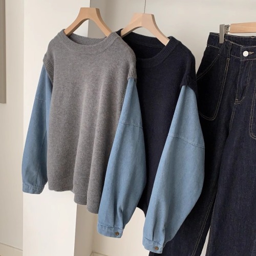 Denim sleeves spliced ​​round neck 2024 spring Korean style new round neck sweater versatile for commuting