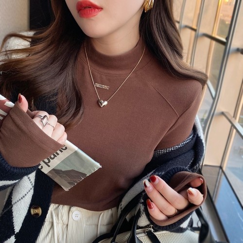 Double-sided German velvet bottoming shirt for women, autumn and winter new style half turtleneck plus velvet thickened western style white top