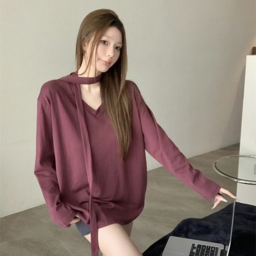 Actual shot of new autumn Korean style simple casual V-neck long-sleeved T-shirt sweatshirt loose slimming bottoming shirt top