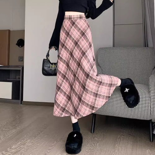 Pink plaid umbrella skirt skirt for women autumn and winter 2024 new high-waisted a-line slimming large hem drape mid-length skirt