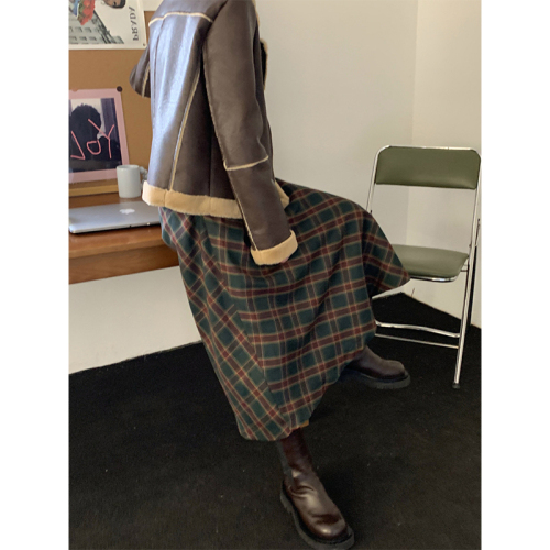 Brown retro plaid elastic waist skirt autumn and winter 2024 new plaid mid-length plaid skirt