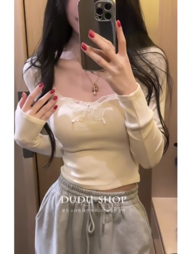 Pure Desire Butterfly Lace Spliced ​​Long Sleeve T-Shirt for Women in Autumn and Winter with Core Spun Yarn Inner