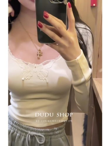 Pure Desire Butterfly Lace Spliced ​​Long Sleeve T-Shirt for Women in Autumn and Winter with Core Spun Yarn Inner