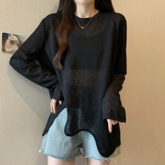 Fat girl large size thin irregular hem design round neck sun protection blouse slimming top
