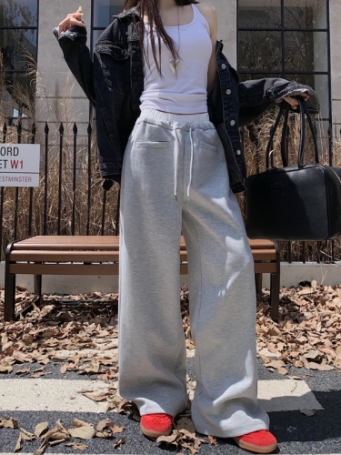 Real shot of lazy style loose wide-leg pants casual sports sweatpants high-waisted straight-leg pants for women