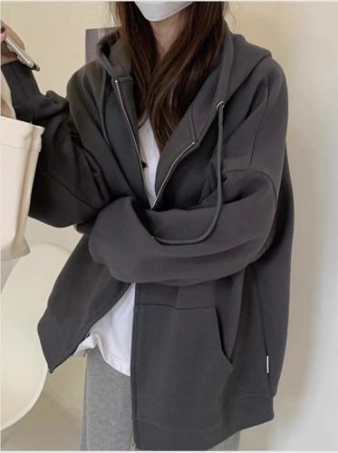 Plush thickened large size hooded sweatshirt for women, lazy style autumn and winter casual loose oversize top cardigan jacket