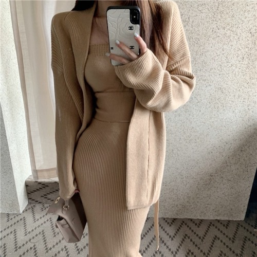 Real shot ~ Gentle temperament lace-up sweater jacket autumn and winter new tube top long skirt knitted three-piece set for women