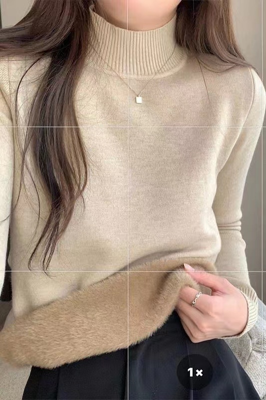 Thick velvet, warm, self-heating all-in-one velvet top, autumn and winter threaded half-high collar, long-sleeved women's knitted bottoming inner wear