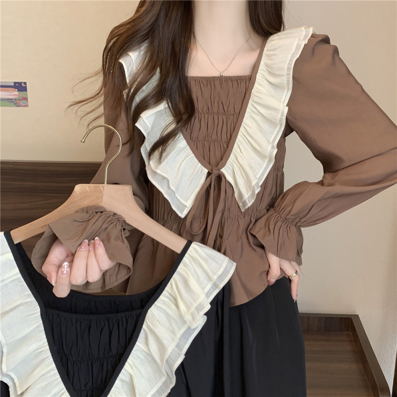 Plus size women's autumn ruffled square collar contrasting long-sleeved shirt covers the flesh and looks slimming doll shirt