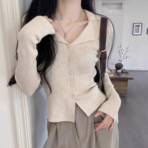 polo lapel knitted cardigan women's thin autumn new inner layering shirt slim and slim long sleeves