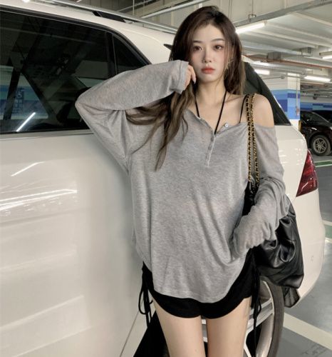 Pure lust style T-shirt for women, spring and autumn gray thin long-sleeved blouse, loose mid-length outer top