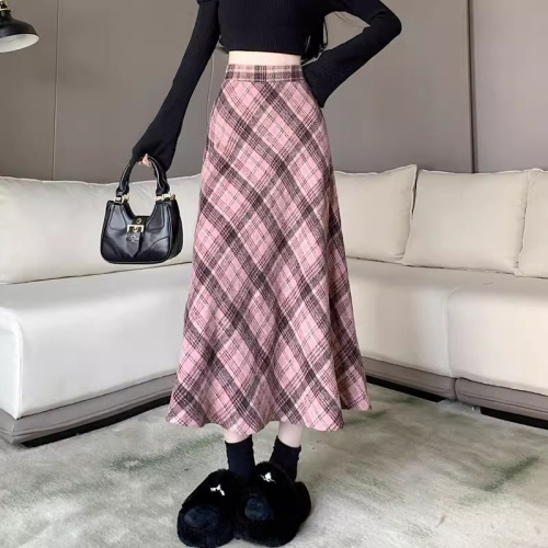 Pink plaid umbrella skirt skirt for women autumn and winter 2024 new high-waisted a-line slimming large hem drape mid-length skirt