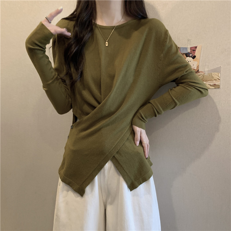 French knitted sweater top for women early autumn new design niche irregular cross long-sleeved bottoming shirt