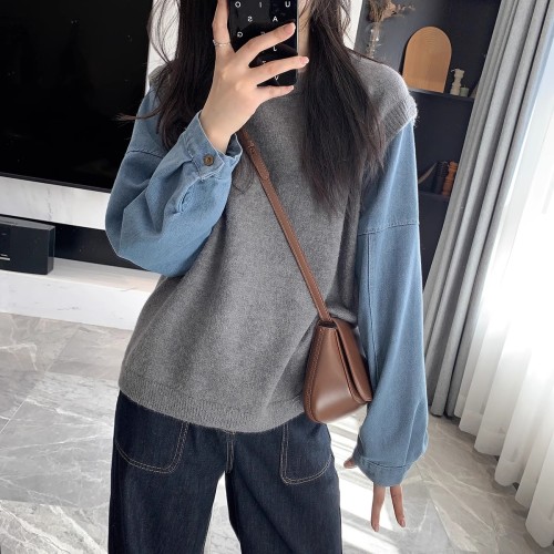 Denim sleeves spliced ​​round neck 2024 spring Korean style new round neck sweater versatile for commuting