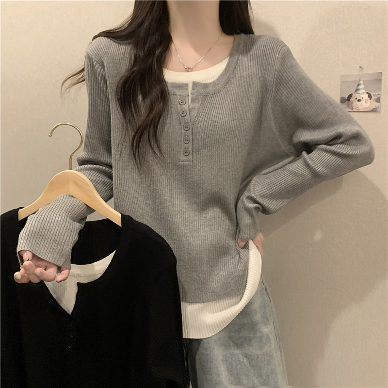 Large size knitted top new style fat MM loose slimming fake two-piece long-sleeved bottoming shirt trendy