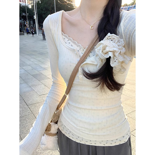 White lace floral inner bottoming sweater autumn and winter slim fake two-piece long-sleeved T-shirt women's top