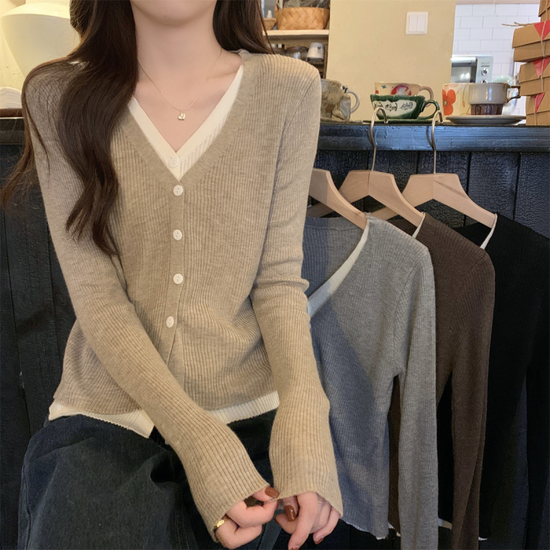 Autumn and winter Korean style temperament v-neck fake two-piece contrasting color 6 wool knitted long-sleeved women's sweater tops