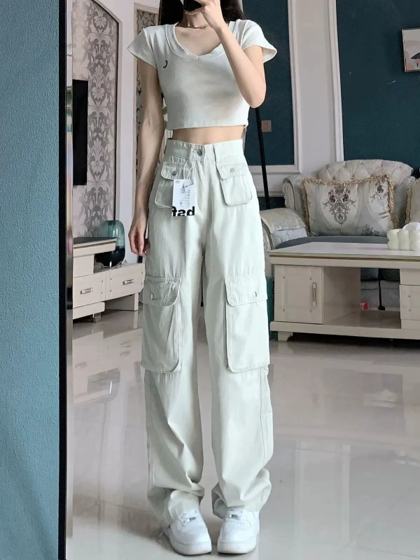 Casual sand solid color American overalls for women, multi-pocket high-waisted wide-leg denim trousers for women, niche design