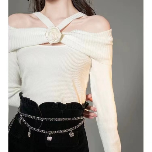 One-shoulder halter neck design knitted sweater autumn and winter new white slim off-shoulder sweater short bottoming top