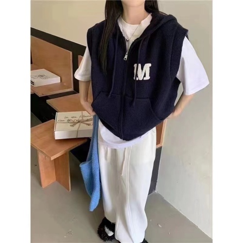 New Korean style M letter niche hooded zipper casual knitted vest sleeveless vest top for women