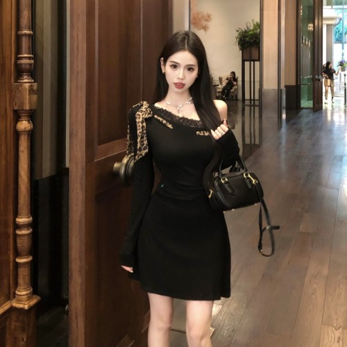 Real shot!  Designed leopard print silk scarf spliced ​​pure desire dress sexy waist-cinching American hot girl bottoming skirt