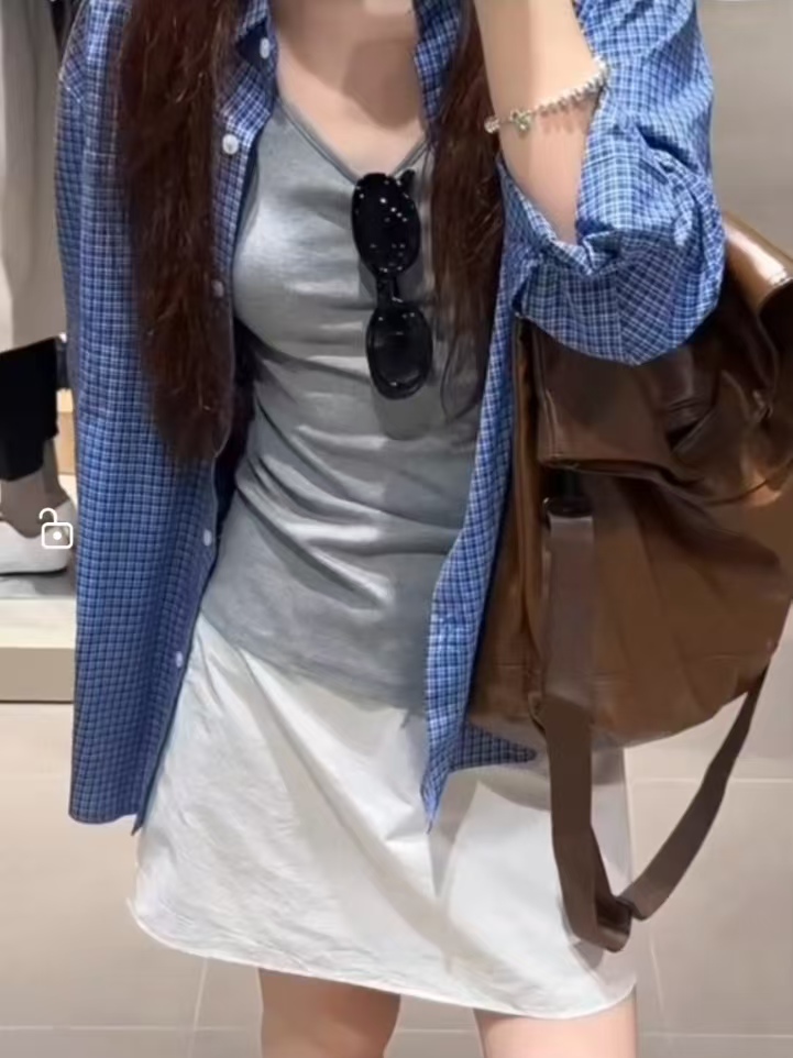 Blue Grid Long-Sleeve Women's Summer Unique Super Cute Oversize Loose Casual Sun Protection Shirt Jacket