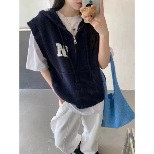 New Korean style M letter niche hooded zipper casual knitted vest sleeveless vest top for women