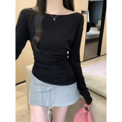 Actual shot of autumn and winter Korean style slim-fitting one-line collar off-shoulder irregular pleated versatile long-sleeved T-shirt bottoming top