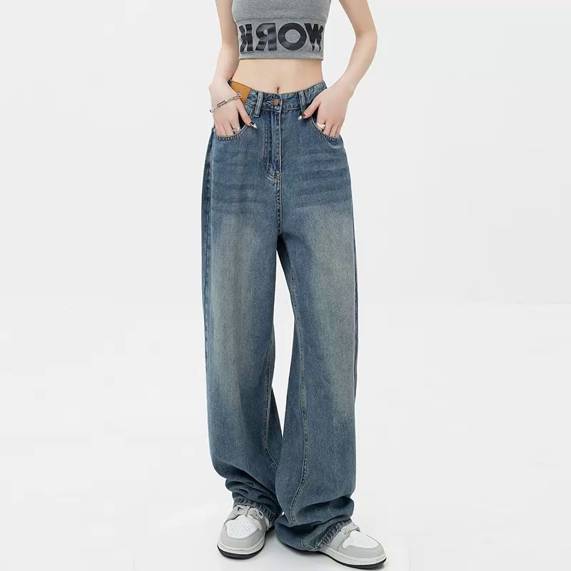 Pear-shaped body large size high-waisted jeans for women, loose wide-leg fat mm straight pants that cover the crotch and look slimming floor-length pants