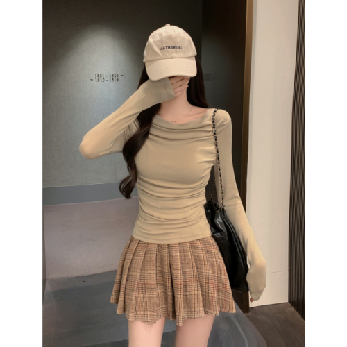 s real shot rayon 1*1260g 2024 autumn long-sleeved T-shirt niche one-line collar bottoming shirt for women