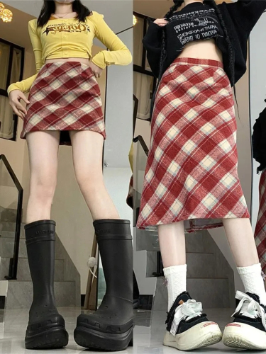 Christmas mini skirt zi/large size woolen plaid skirt women's new autumn and winter versatile hip-covering A-line skirt