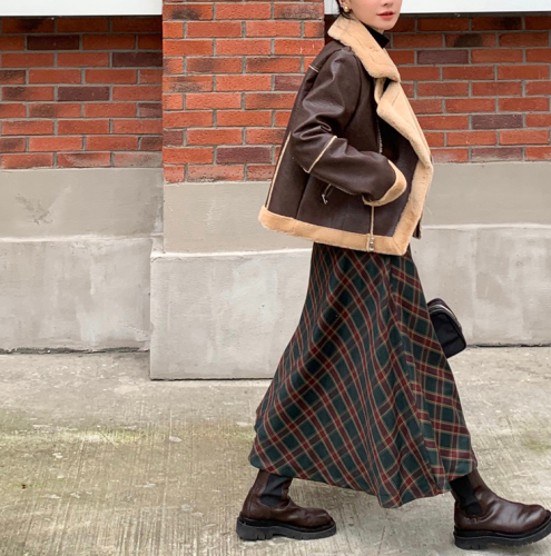 Brown retro plaid elastic waist skirt autumn and winter 2024 new plaid mid-length plaid skirt