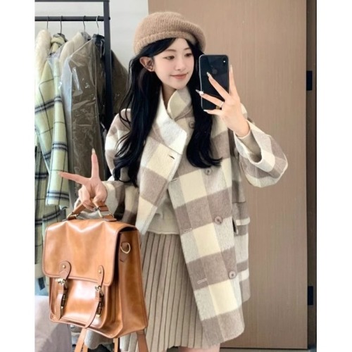 Korean winter tartan coat for women, new woolen coat, high-end, small, mid-length, loose style