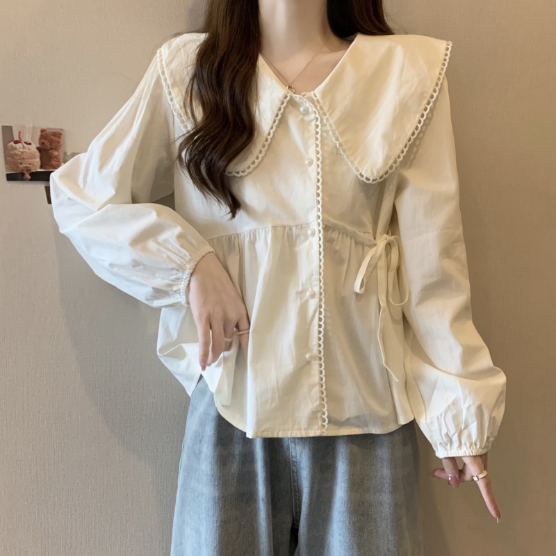 New sweet doll lapel stitching hollow lace lace-up waist and age-reducing versatile top