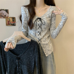 Autumn and winter lace-up design lace-up T-shirt discreet V-neck long-sleeved bottoming top for women