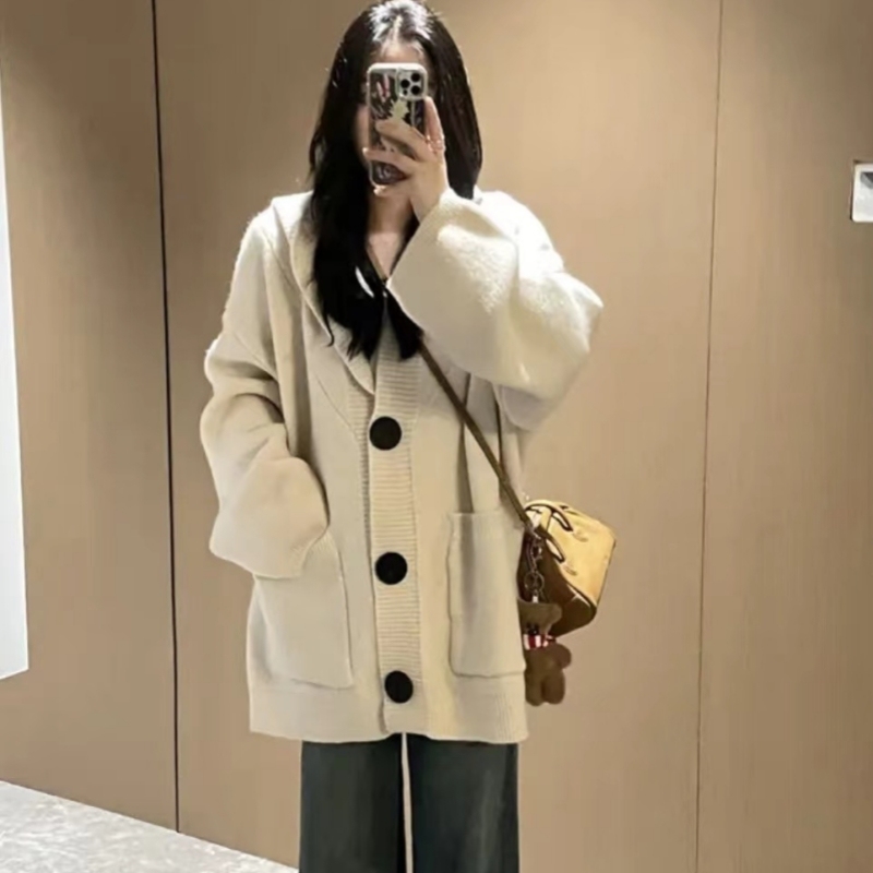Autumn and winter lazy style thickened hooded knitted cardigan women's new Korean style loose temperament high-end sweater jacket