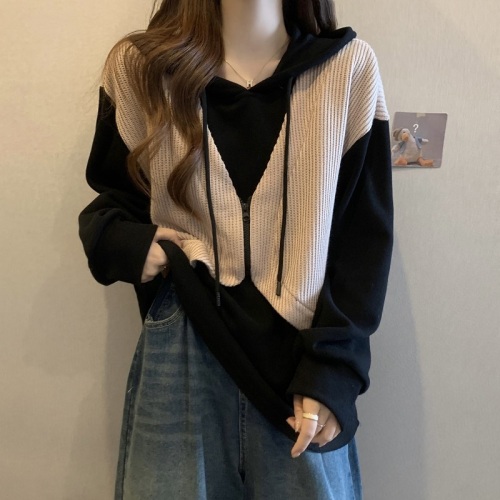 2024 fat mm plus size new fake two-piece sweatshirt women's loose long-sleeved tops and jackets trendy