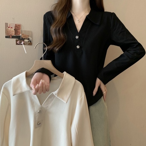 2024 Autumn Retro POLO Collar Waist Slimming T-shirt Fat Girl Casual Long Sleeve Top