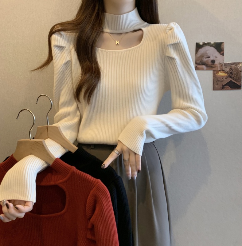 Half turtleneck long-sleeved bottoming shirt for women in spring and autumn for fat girls mm hollow slimming knitted top