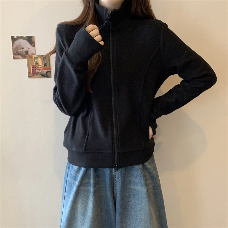 Autumn and winter fat MM new sweatshirt solid color Korean version loose double zipper stand collar thickened German velvet versatile jacket