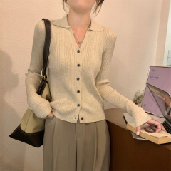 Autumn and winter Korean style polo collar style solid color knitted long-sleeved bottoming cardigan sweater jacket